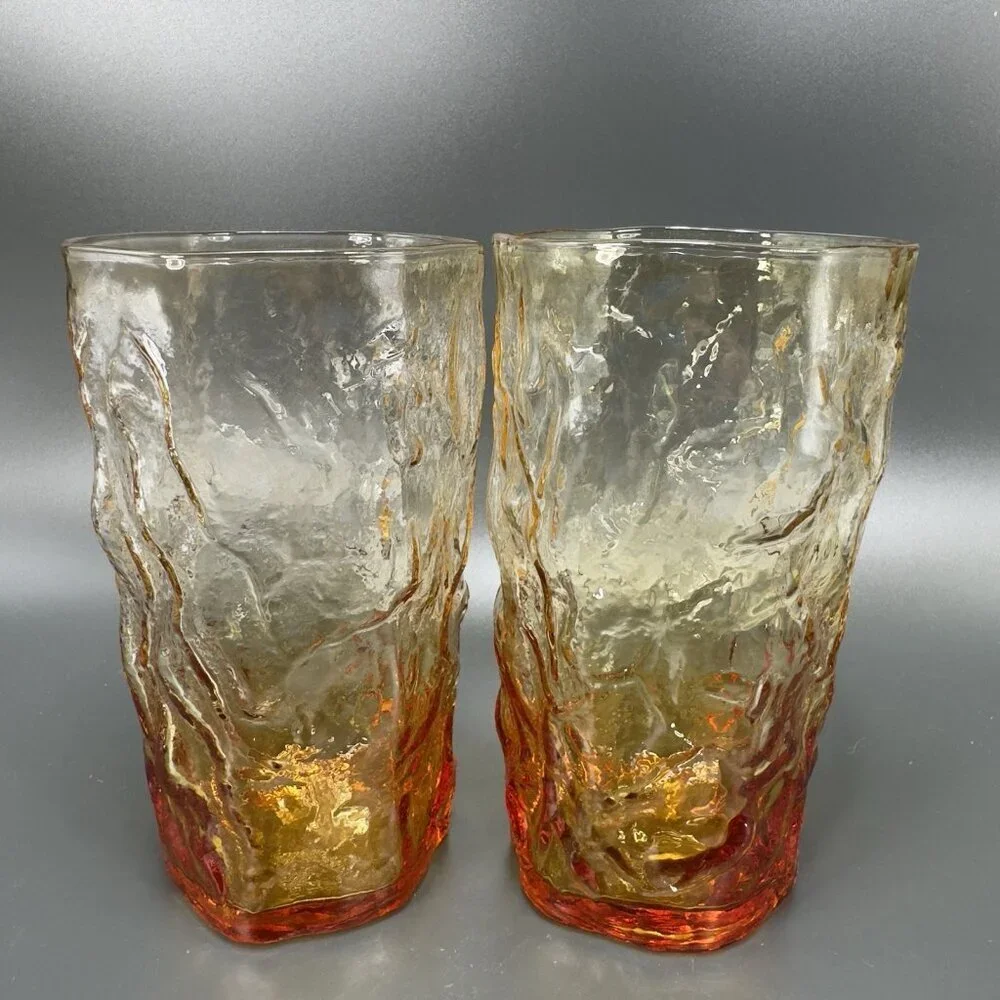 1970s Seneca Driftwood Amber Crinkle Glass Highball Tumblers Cups Set 4‎ Vintage